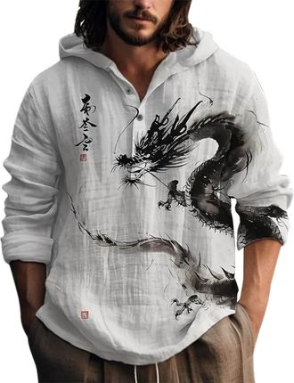 Generic Mens Hoodie Linen Shirt Long Sleeve Japanese Retro Fashion Shirt with Hood Half Placket Button Country Style Cotton Top for Work Business Holiday Outd