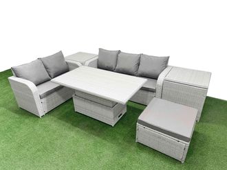 Fimous 6 Seater PE Rattan Wicker Garden Furniture Patio Conservatory Sofa Set w/ Adjustable Lifting Dining or Coffee Table 3 Seater Sofa Love Sofa