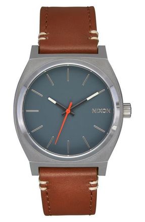 Nixon Time Teller Leather Strap Watch, 37mm in Gunmetal /Basalt /Sienna at Nordstrom