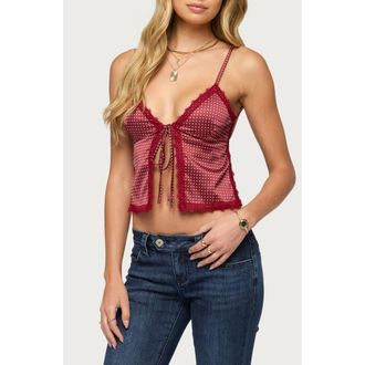 Edikted Polka Dot Lace Trim Satin Camisole in Burgundy at Nordstrom, Size X-Large