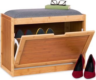 Relaxdays Relaxdays - Banco Zapatero Con Asiento Grande, Ba&uacute;l Zapatos Recibidor, 2 Compartimientos Ajustables, Bamb&uacute;, Natural/gris