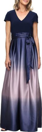 S.L. Fashions Short Sleeve Jersey Bodice Ombr&eacute; Satin A-Line Gown in Navy/Mauve at Nordstrom, Size 12P