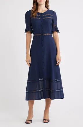 Reformation Woodson Lace Detail Shirtdress in Navy at Nordstrom, Size 12