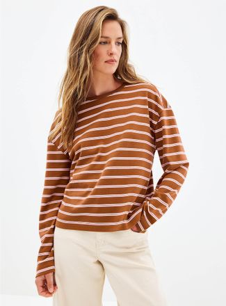 Contemporaine Womens Square-neck long-sleeve striped Pima cotton tee