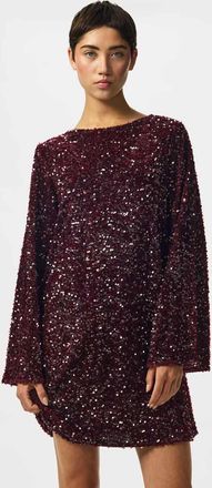 Pieces vestito corto a maniche lunghe con girocollo e paillettes rosso