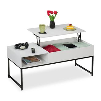 Relaxdays Relaxdays Mesa De Centro Abatible, Mesita Baja, 45x110x50 Cm, Compartimento Lateral Y De Almacenamiento, Metal, Blanco