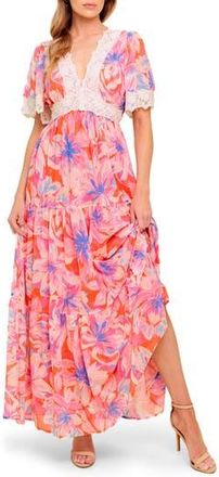Flying Tomato Floral Lace V-Neck Maxi Dress in Coral Blue at Nordstrom Rack, Size Medium