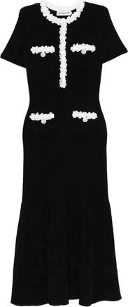 Self Portrait Black Chenille Knit Flower Trim Midi Dress