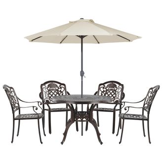 Beliani Conjunto De Comedor 4 Plazas De Metal Marr&oacute;n Beige Sillas Cojines Sombrilla Salento