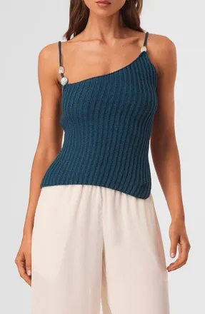 SNDYS Desi Open Back Asymmetric Ribbed Top in Teal at Nordstrom, Size X-Small