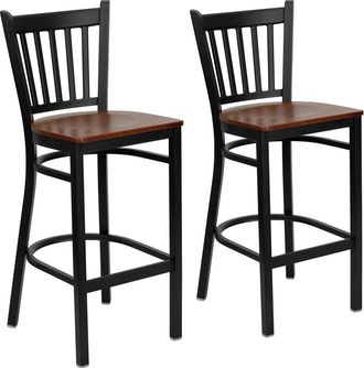 Flash Furniture 2 Pk. Black Vertical Back Metal Restaurant Barstool - Cherry Wood Seat