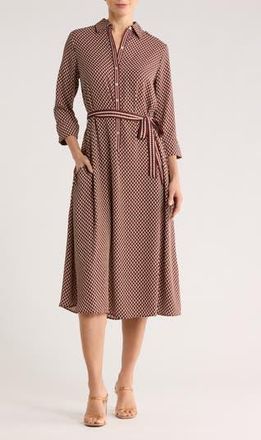Max Studio Cuffed Sleeve Midi Shirtdress in Brown/Beige Dot at Nordstrom Rack, Size Medium