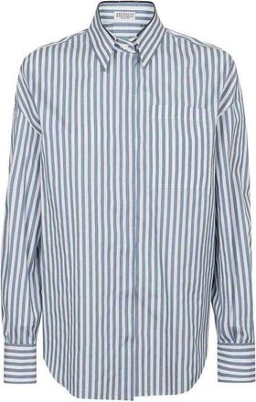Brunello Cucinelli Blue White Striped Silk Shirt, Size L