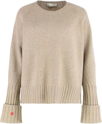Tory Burch Geribbelde Gebreide Trui met Bloemendetail - Dames - Ronde hals truien - Beige - XS - Kasjmier - Truien & Vesten