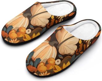 Generic Thanksgiving Fall Farm Pumpkins Mens Slippers Slip On Comfortable Fleece Cotton House Shoes Winter