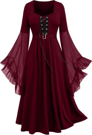 Generic Renaissance Halloween Costume for Women Trumpet Sleeves Medieval Dress Carnival Themed Party Dress up Gothic Maxi Dresses Red Plus Size 14 16 18 20 22