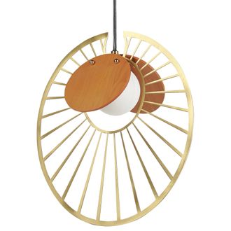 Beliani L&aacute;mpara De Techo Redonda De Metal De Hierro Mdf De Vidrio Sala De Estar De Estilo Moderno De Oro Con La Luz De Madera Bardo