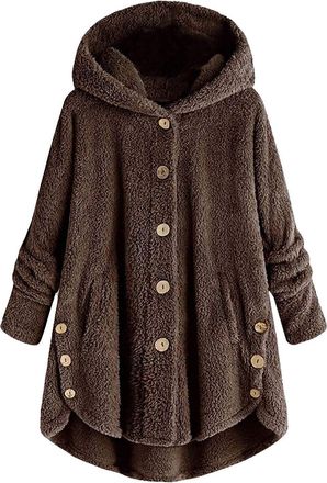 Generic Plus Size Fleece Bed Jacket for Women Soft Fuzzy Button Hooded Lightweight Winter Lounge Coat Outerwear (Coffee brown,M)
