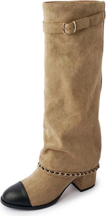 Generic Womens Pull on Casual Boots with Chain Round Toe Knee High Boots Block High Heel Long Boot with Buckle,Apricot,4.5 UK