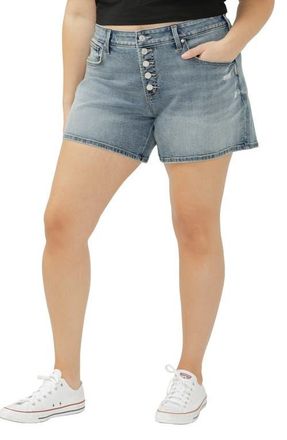 Silver Jeans Co Exposed Button Mid Rise Denim Boyfriend Shorts in Summers Beach at Nordstrom, Size 14W