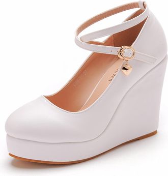 Generic Bride Wedding Shoes,Womens Waterproof Platform Wedge High Heel Closed Toe Fashion Dress Shoes for Woman Lady in Bridal Dance Evening10.5Cm,White,5.5 U