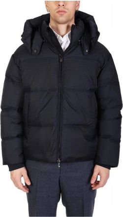 Emporio Armani Zipped Hooded Down Jacket in Jacquard Nylon - Heren - Gewatteerde jassen - Blauw - L - Nylon - Jassen