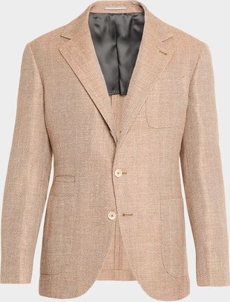 Brunello Cucinelli Mens Wool, Silk and Linen Herringbone Suit Jacket