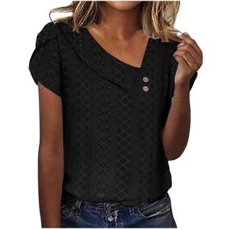 Generic Ladies Short Sleeve Tops Womens Satin Silk Shirts Womens High Collar Cotton and Linen Hollow Top Silver Blazer Buttons Women Short Sleeve Blouses for 