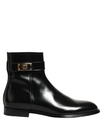 Dolce & Gabbana Black Leather Logo Buckle Mid Calf Boots Mens Shoes