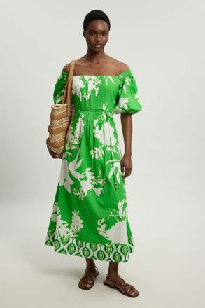 Karen Millen Womens Bead Detail Floral Printed Cotton Poplin Midi Dress - Green - Size 10 UK