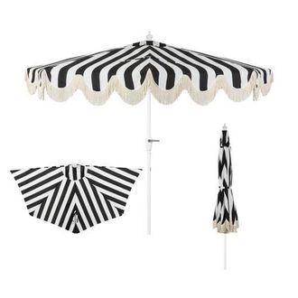 Jonathan Y Designs Beverly 9 ft. Designer Classic Scalloped Fringe Half Market Patio Umbrella with Crank, Push Button Tilt and UV Protection in Black/white
