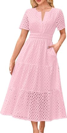 Generic Eyelet Dresses for Women 2026 Casual Boho Short Sleeve Maxi Dress Hollow Out A Line Flowy Beach Dresses with Pockets Pink