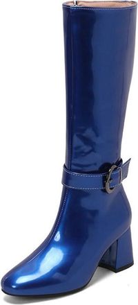 Generic Womens Patent Leather Knee High Riding Boots with Buckle Strap & Chunky Block Heel for Office & Everyday,Blue,6.5 UK
