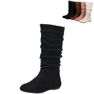 Generic Women Round Toe Slouch Vegan Comfy Flat Mid Calf Tall Faux Suede Leather Boots Slouchy Pull on Round Toe Knight Riding Shoes (Black,6.5)