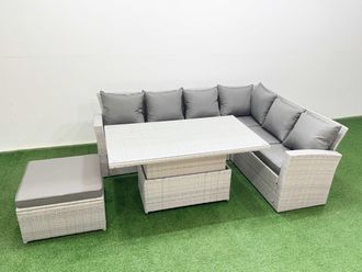 Fimous 7 Seat Rattan Garden Furniture Corner Sofa Set with Armchair Big Stool in Light Grey