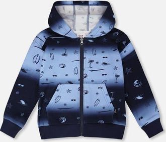 Deux par Deux Long Sleeve Front Pouch Pocket Hooded French Terry Cardigan in Blue Gradient at Nordstrom, Size 18M
