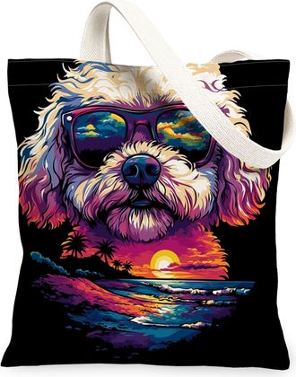 Generic Summer Bichon Frise Dog Canvas Tote Bag for Shopping 13x15, Cool Beach Coastal Puppy Reusable Grocery Print Pattern Bag for Women, Retro Pet Beach Aes