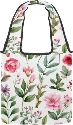 Generic Pink Flowers with Leaves Reversible Canvas Shoulder Tote - Double-Sided Print, 12oz Cotton, 27cm Drop, Fold-Flat Bag for Travel, Shopping, Street Outi