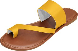 Generic 2026 Ladies Fashion Summer Solid Color Leather Cover Toe Flat Bottom Casual Sandals (Yellow, 6.5)