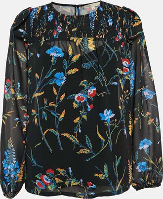 Maje Black Floral Print Crepe Smocked Top