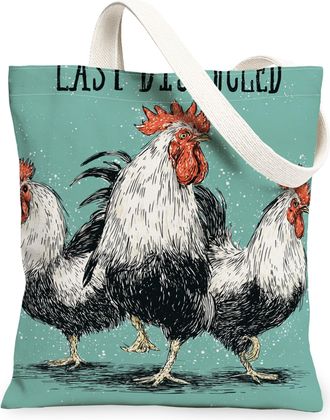 Generic Vintage Rooster Canvas Tote Bags, Artistic Farm Animal Pattern Reusable Grocery Bags, Lightweight Washable Shoulder Strap C, Blue, 13x15 Inch