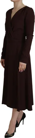 Dolce & Gabbana Womens Brown Wrap Long Sleeve Midi Stretch Dress Viscose