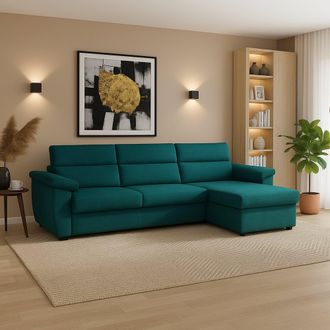 Dmora Sof&aacute; Fijo Con Chaise Longue Ceto, Desenfundable, Reversible Made In Italy, Hidr&oacute;fugo Multiposici&oacute;n, 285x160 Cm Azul