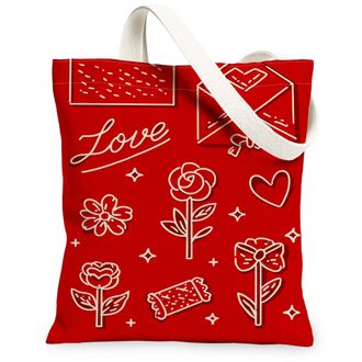 Generic ValentineS Floral Canvas Tote Bags, Cute Flower Pattern Reusable Grocery Bags, Modern Chic Lightweight Washable Shoulder S, Red, 13x15 Inch