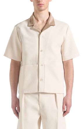 Mani&egrave;re De Voir Joel Twill Shirt with Suede Revere Collar in Cream at Nordstrom, Size Xx-Large
