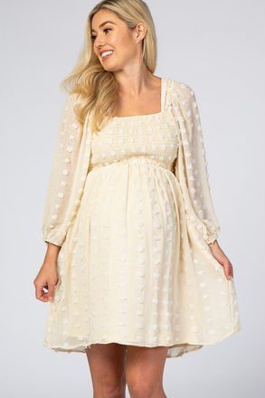Pinkblush Textured Dot Smocked Square Neck Chiffon Dress in Beige at Nordstrom, Size Medium