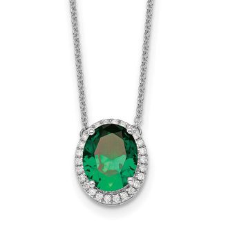 Diamond2Deal 14k White Gold Oval Created Emerald and Diamond Halo Pendant Necklace
