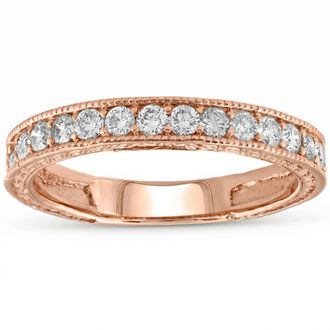 Pompeii3 14k Rose Gold 1/3ct Diamond Vintage Wedding Ring Scroll Pattern Stackable Band Size Selectable