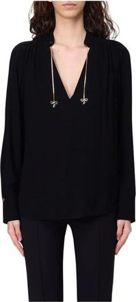 Elisabetta Franchi Overhemden, Dames, Zwart, S, Polyester, Gele V-hals Blouse met Strik Detail