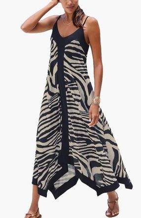 Lascana Color Block Trim Print Dress in Ivory Navy at Nordstrom, Size 8
